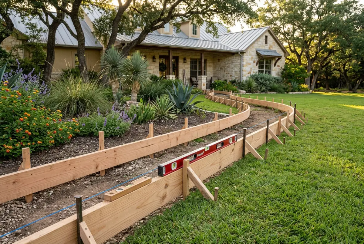 Curved wood forms and a level set out for a new walkway through a front yard